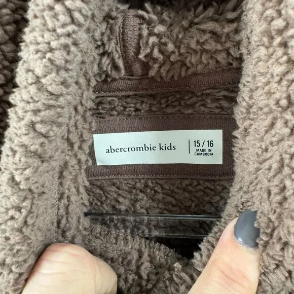 Abercrombie Kids Sherpa Hoodie Jacket Brown Size 15/16 With Kangaroo Pocket Hood - Picture 3 of 7